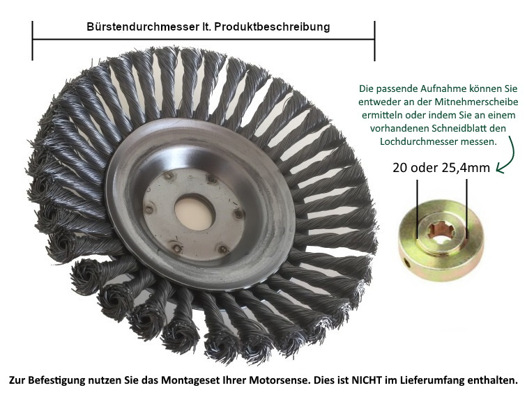 Unkrautbürste, Kegelbürste, Zopfbürste, Wildkrautbürste für Freischneider / Motorsense - [ Ø 180mm; 36 Zöpfe Ø 20mm ]